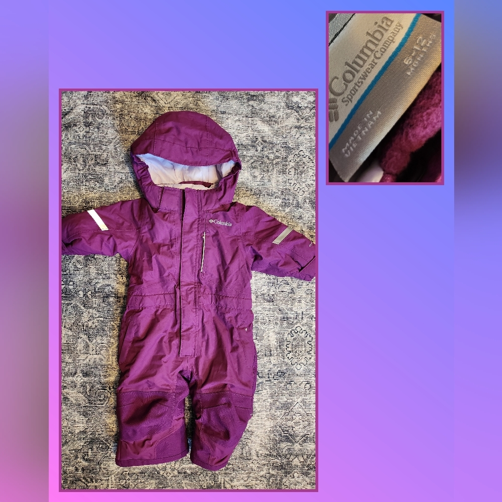 Purple Columbia 6-12m Snowsuit with detachable hood, reflectors. $30